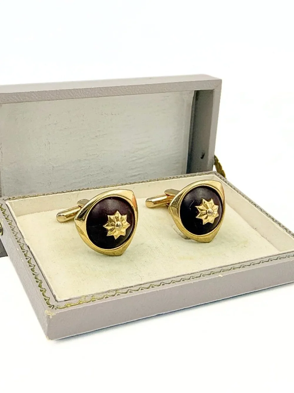 Hickok USA MCM Gold Plated Brown Wood Atomic Starburst Cufflinks